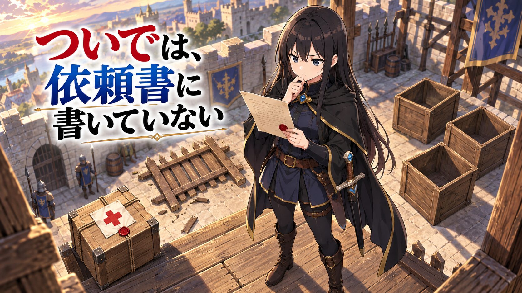 見張り塔の中庭で追加依頼が書き足された依頼書を確認する女勇者フェルミノ