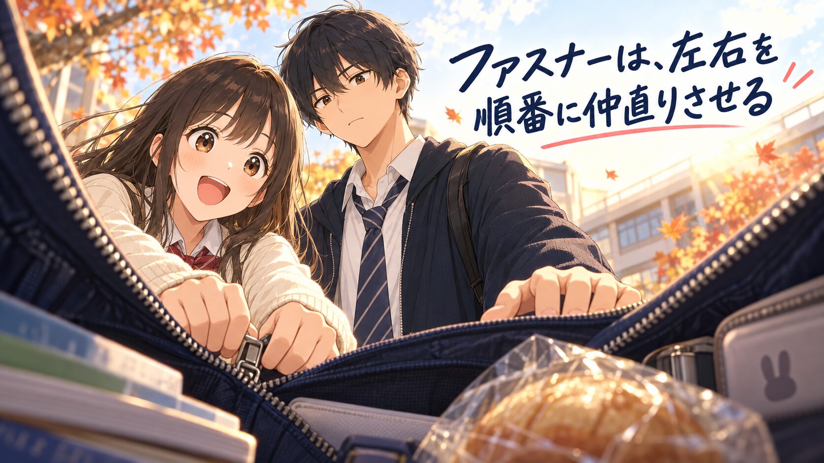 開いた通学バッグの内側から、ファスナーを閉めようとする春とバッグを押さえる悠を見る場面