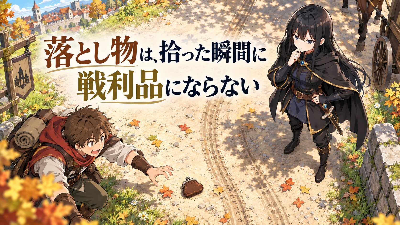 街道に落ちた革袋を拾う若い冒険者を、少し離れて確認する黒髪の女勇者フェルミノ