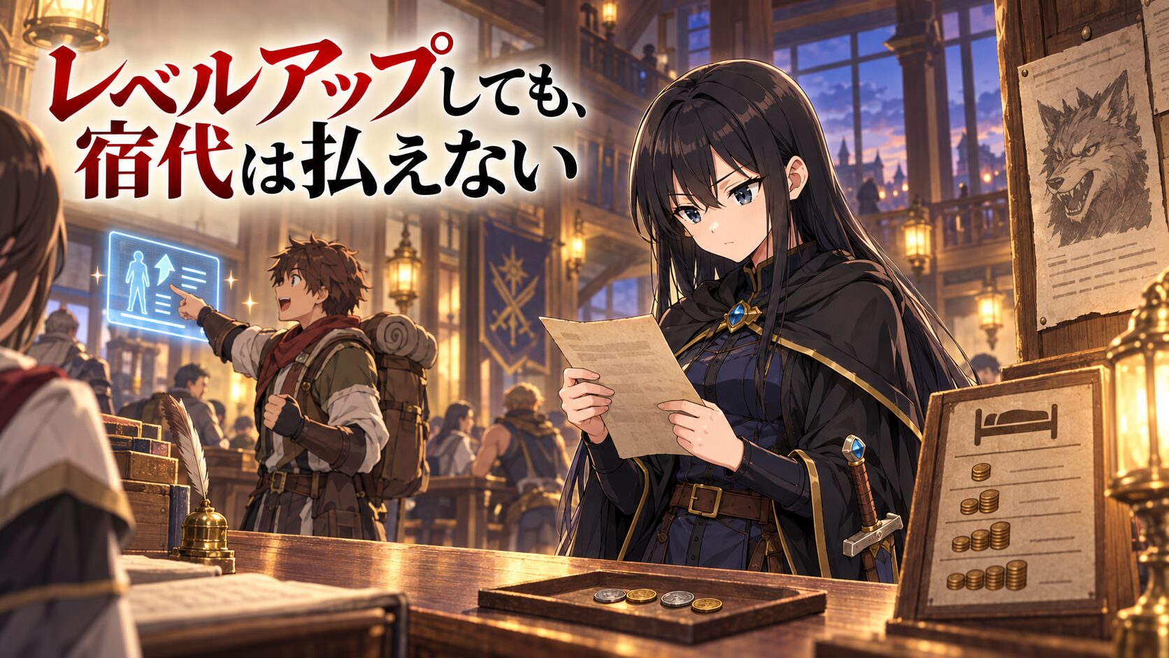 冒険者ギルドで依頼票を読む黒髪の女勇者フェルミノと、ステータス画面を見せる若い冒険者
