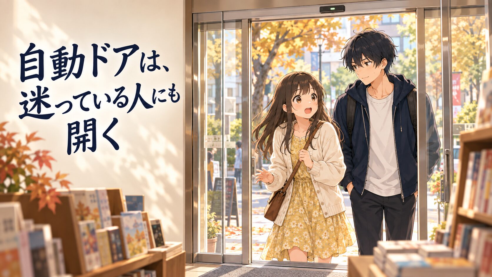 秋の書店の自動ドアが開き、窓の本を見ていた春が驚く。そばに悠が立つ。