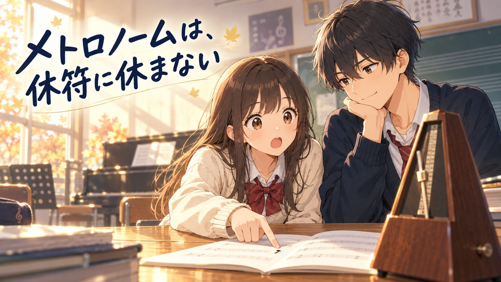 春と悠が音楽室でメトロノームと楽譜を見ながら休符について話す、「メトロノームは、休符に休まない」の表紙