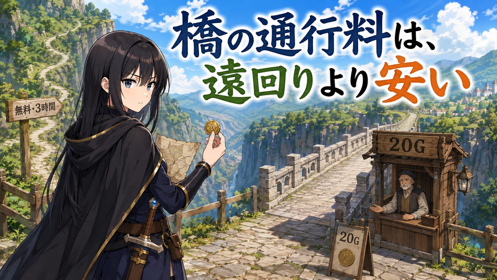 有料の石橋と無料の迂回路を見比べる黒髪の女勇者フェルミノ