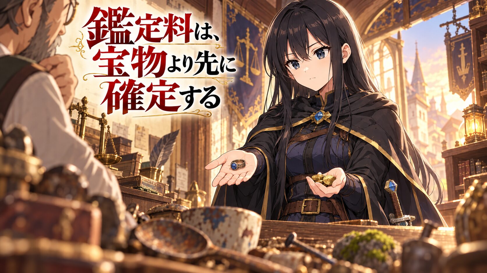 鑑定所のカウンターで青い石の指輪と硬貨を見比べる黒髪の女勇者フェルミノ