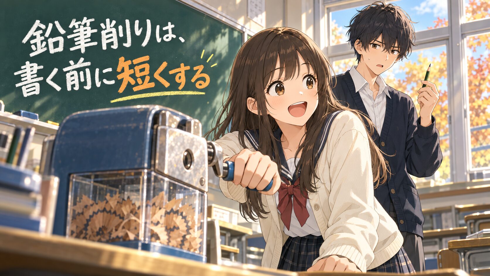 教室の鉛筆削りを回す春と、短くなった鉛筆を見ている悠