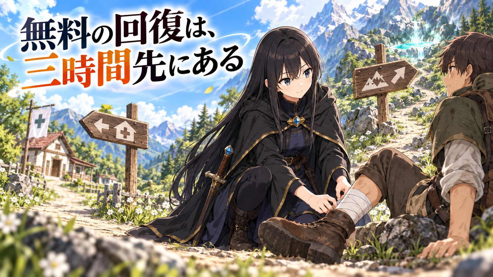山道の分かれ目で回復の泉と治療院の看板を比べる黒髪の女勇者フェルミノ