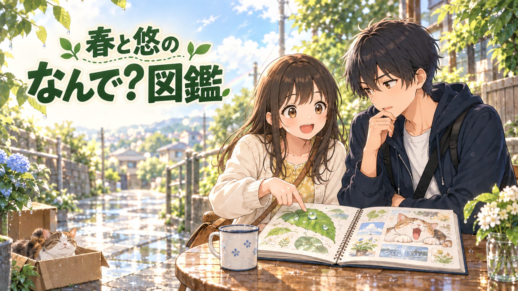 ゲーム「春と悠の なんで？図鑑」のアイキャッチ。雨上がりの道で春と悠が発見ノートを見つめ、猫や雨粒を観察している。