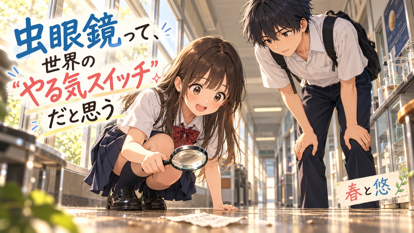 「虫眼鏡って、世界の“やる気スイッチ”だと思う」の場面を描いた春と悠の表紙