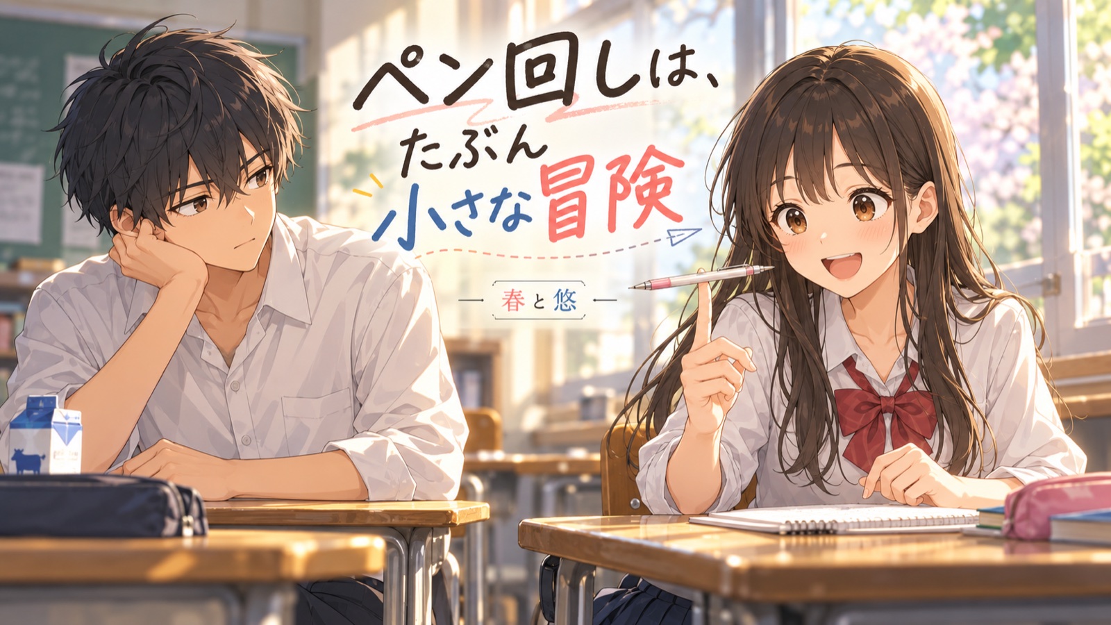 「ペン回しは、たぶん小さな冒険」の場面を描いた春と悠の表紙