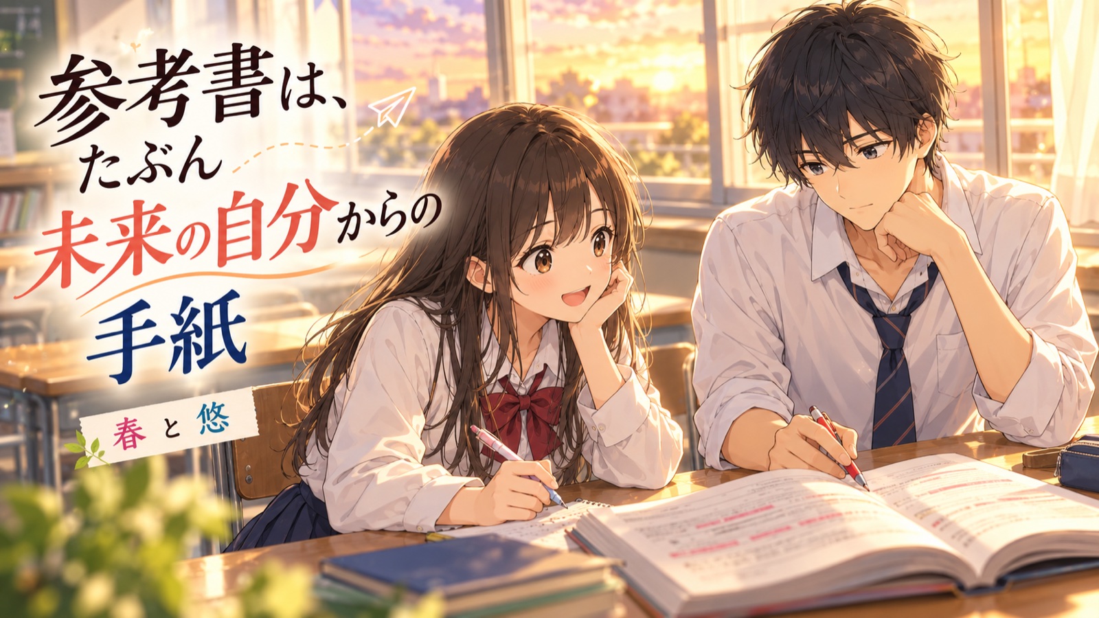 「参考書は、たぶん未来の自分からの手紙」の場面を描いた春と悠の表紙