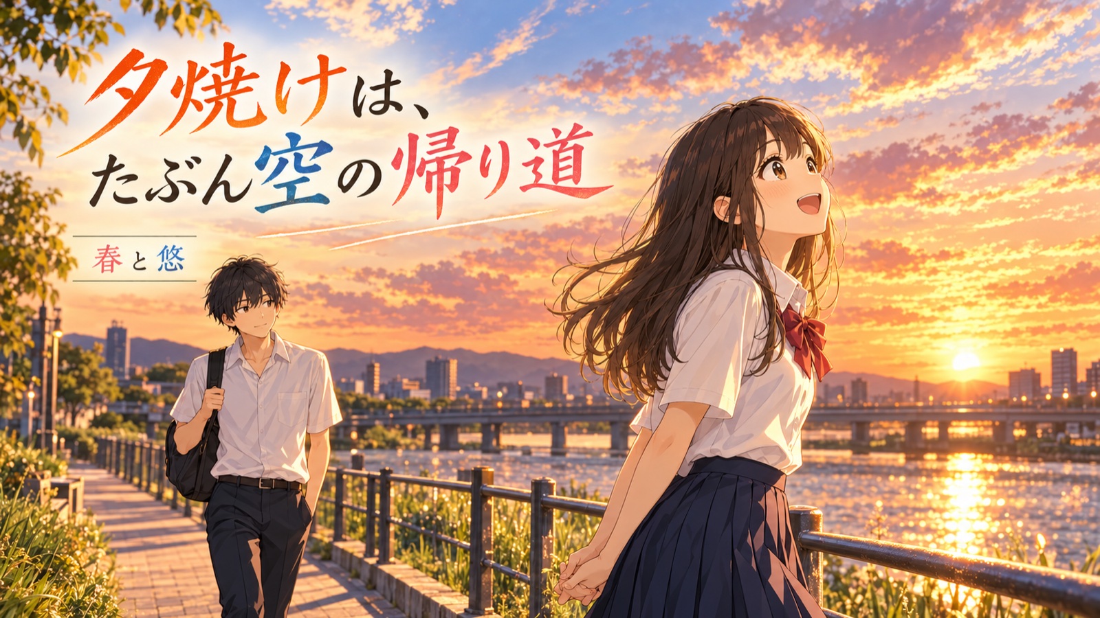 「夕焼けは、たぶん空の帰り道」の場面を描いた春と悠の表紙