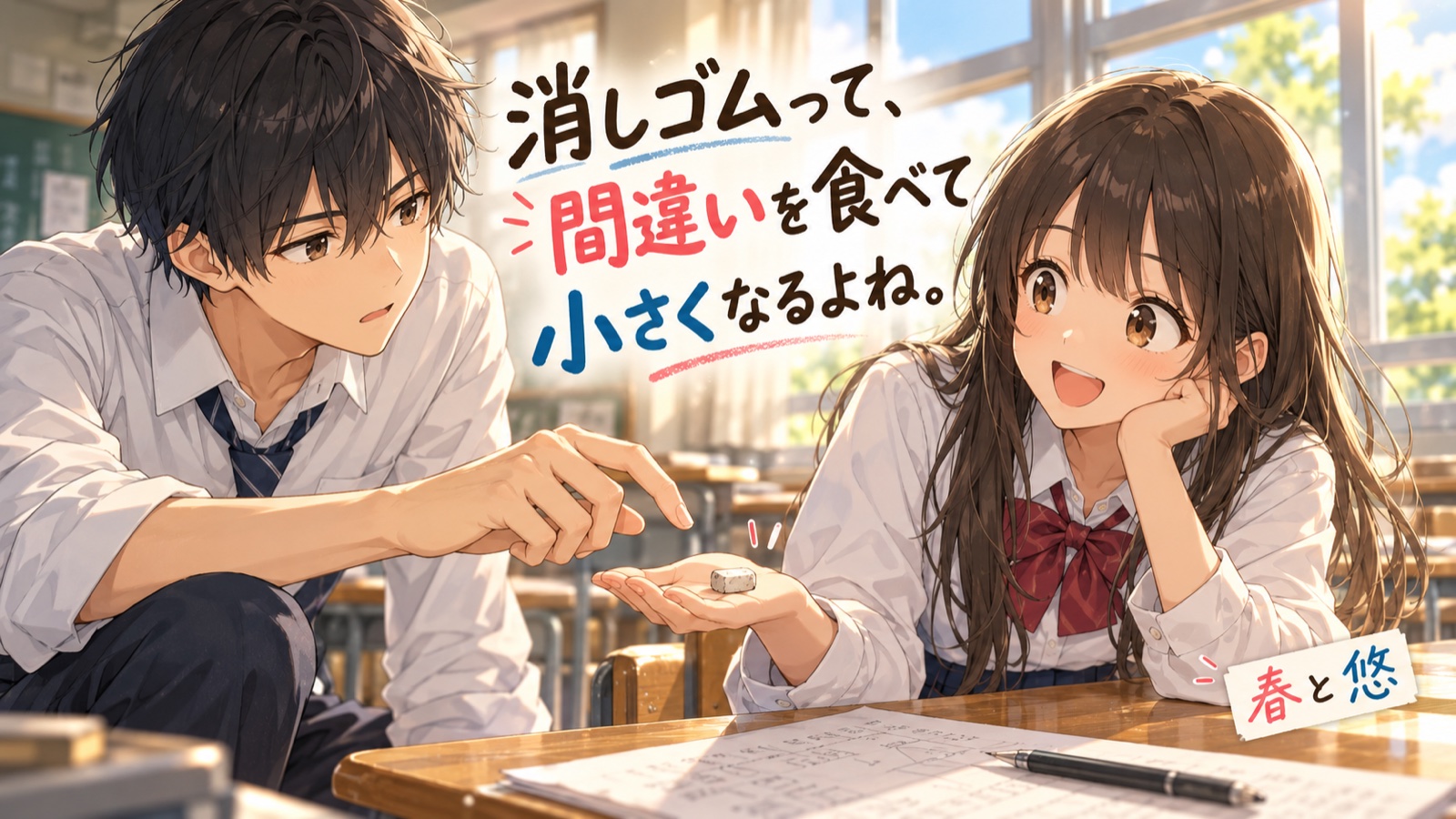 消しゴムって、間違いを食べて小さくなるよねの場面を描いた春と悠の表紙