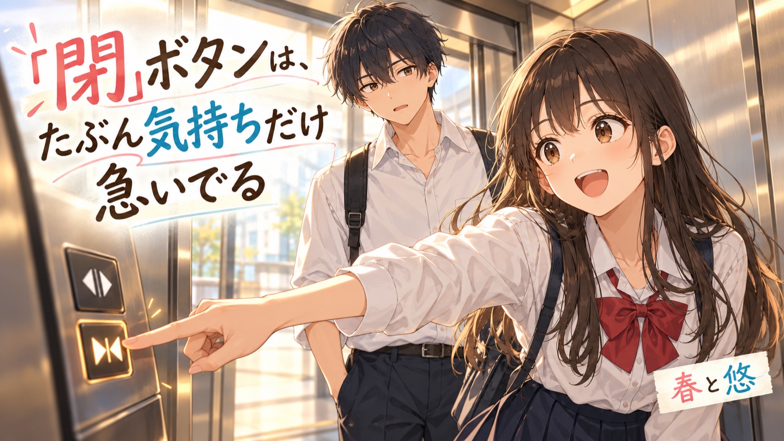 「閉」ボタンは、たぶん気持ちだけ急いでるの場面を描いた春と悠の表紙