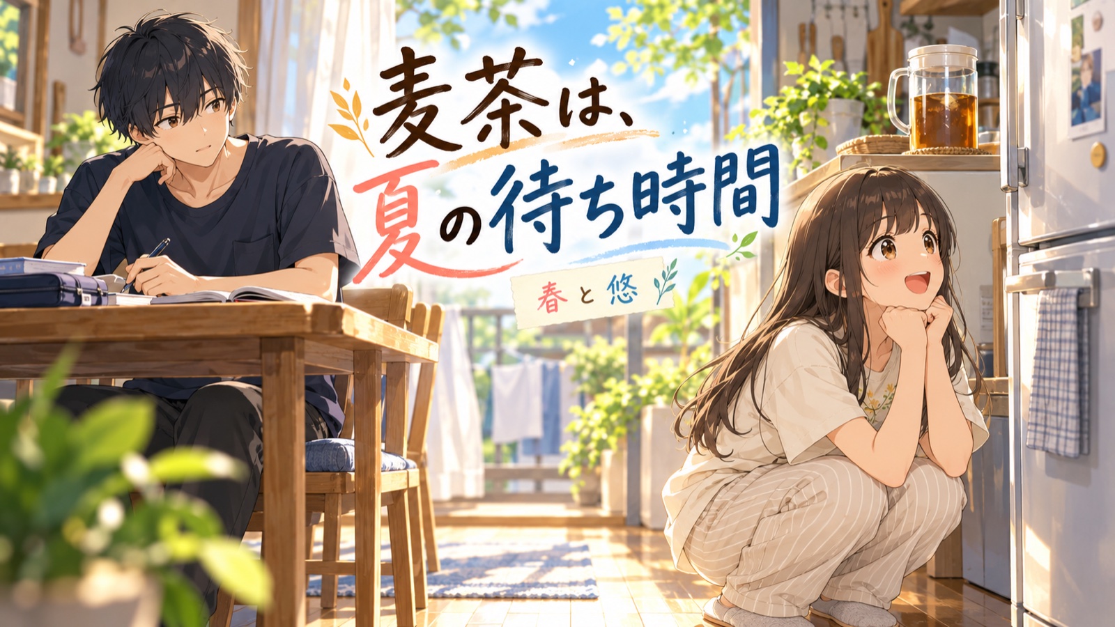 麦茶は、夏の待ち時間の場面を描いた春と悠の表紙