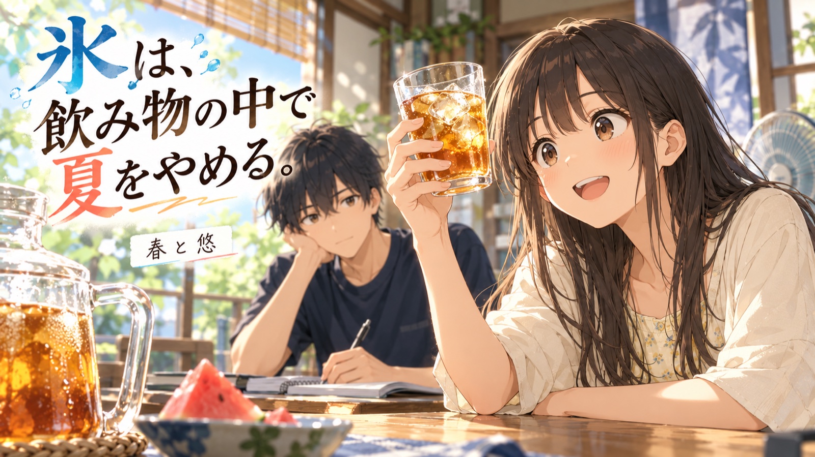 氷入りの飲み物を掲げる春と、机の向こうで見守る悠