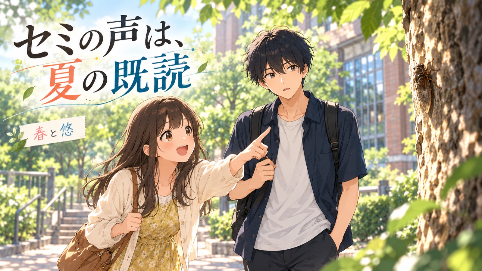 セミの声は、夏の既読の場面を描いた春と悠の表紙