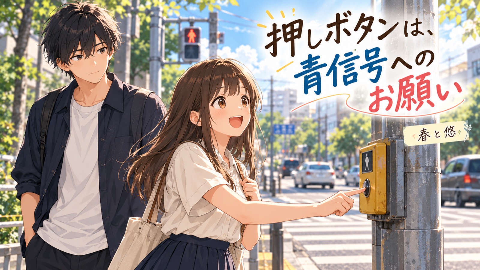 押しボタンは、青信号へのお願いの場面を描いた春と悠の表紙