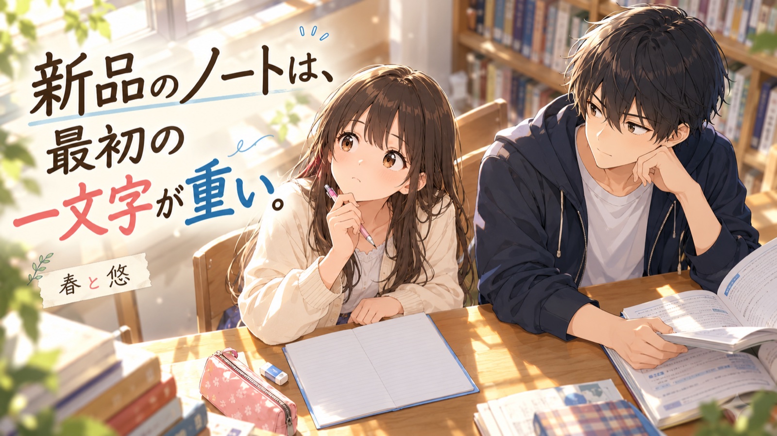 新品のノートは、最初の一文字が重いの場面を描いた春と悠の表紙