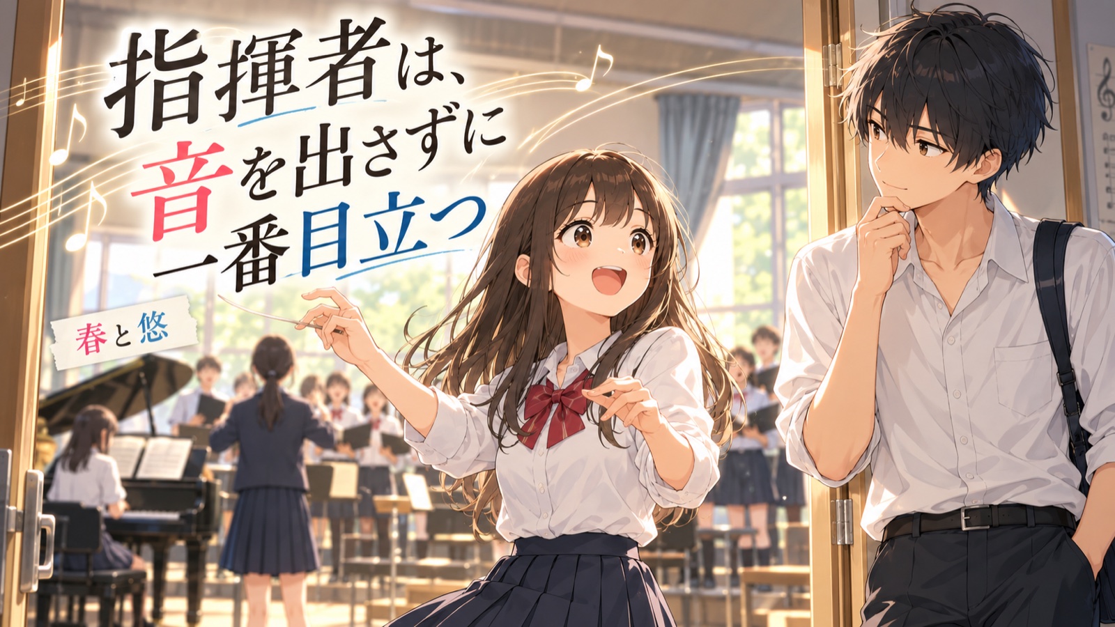 指揮者は、音を出さずに一番目立つの場面を描いた春と悠の表紙