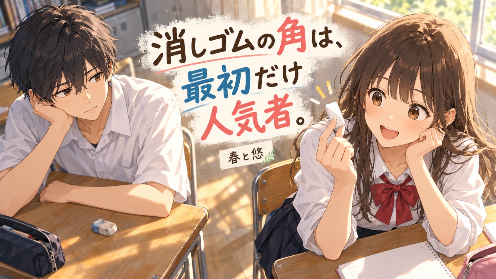 消しゴムの角は、最初だけ人気者の場面を描いた春と悠の表紙